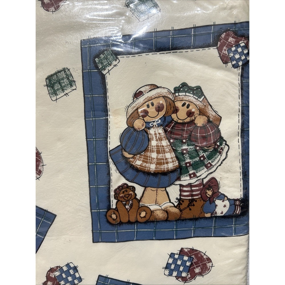 Patchwork Hearts Teddy Bears Country Ragdoll Friends Tablecloth 52"x70" OB Vtg